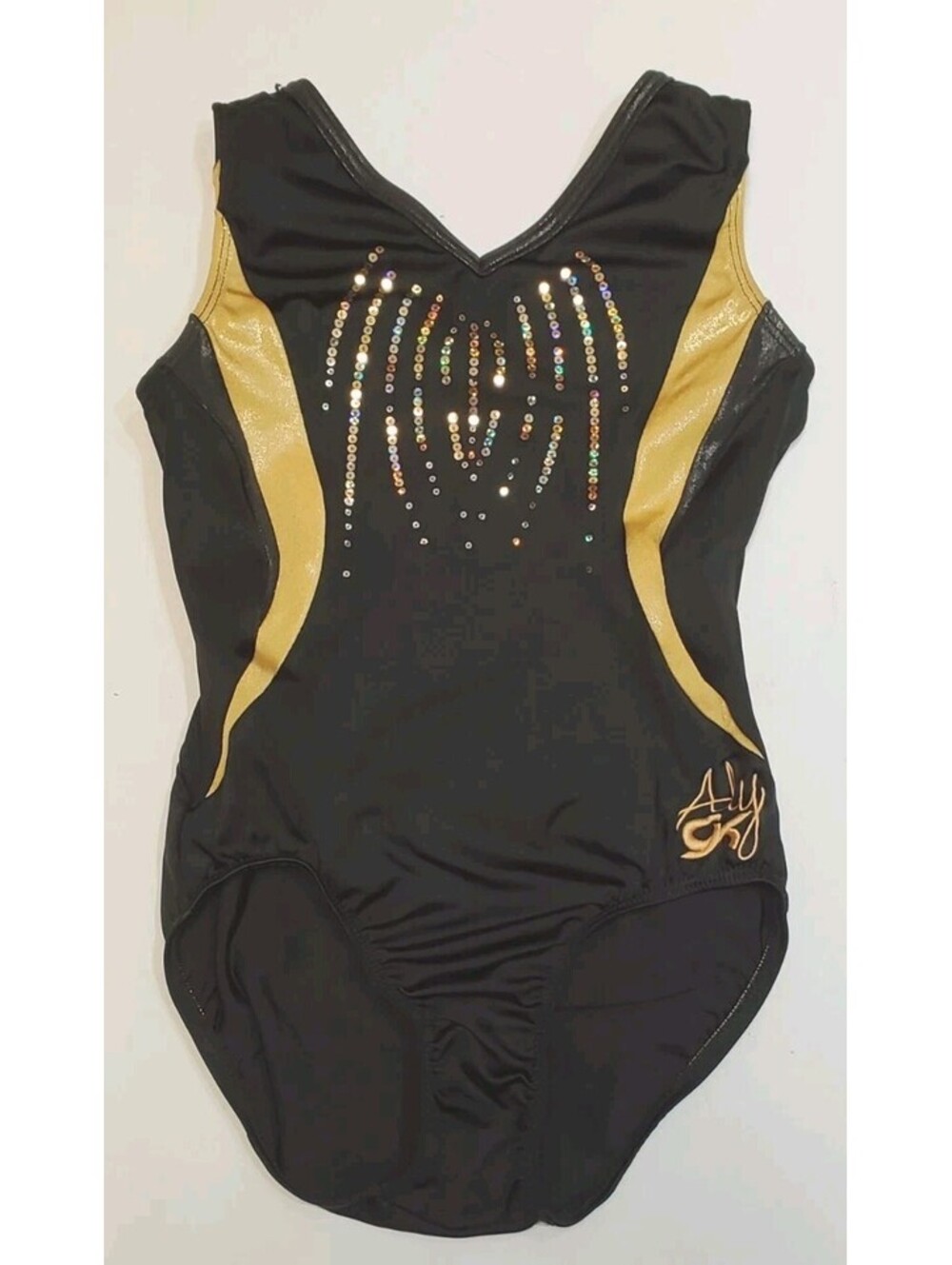 GK Aly Raisman Gymnastics Leotard Black Gold Sequins Size AS